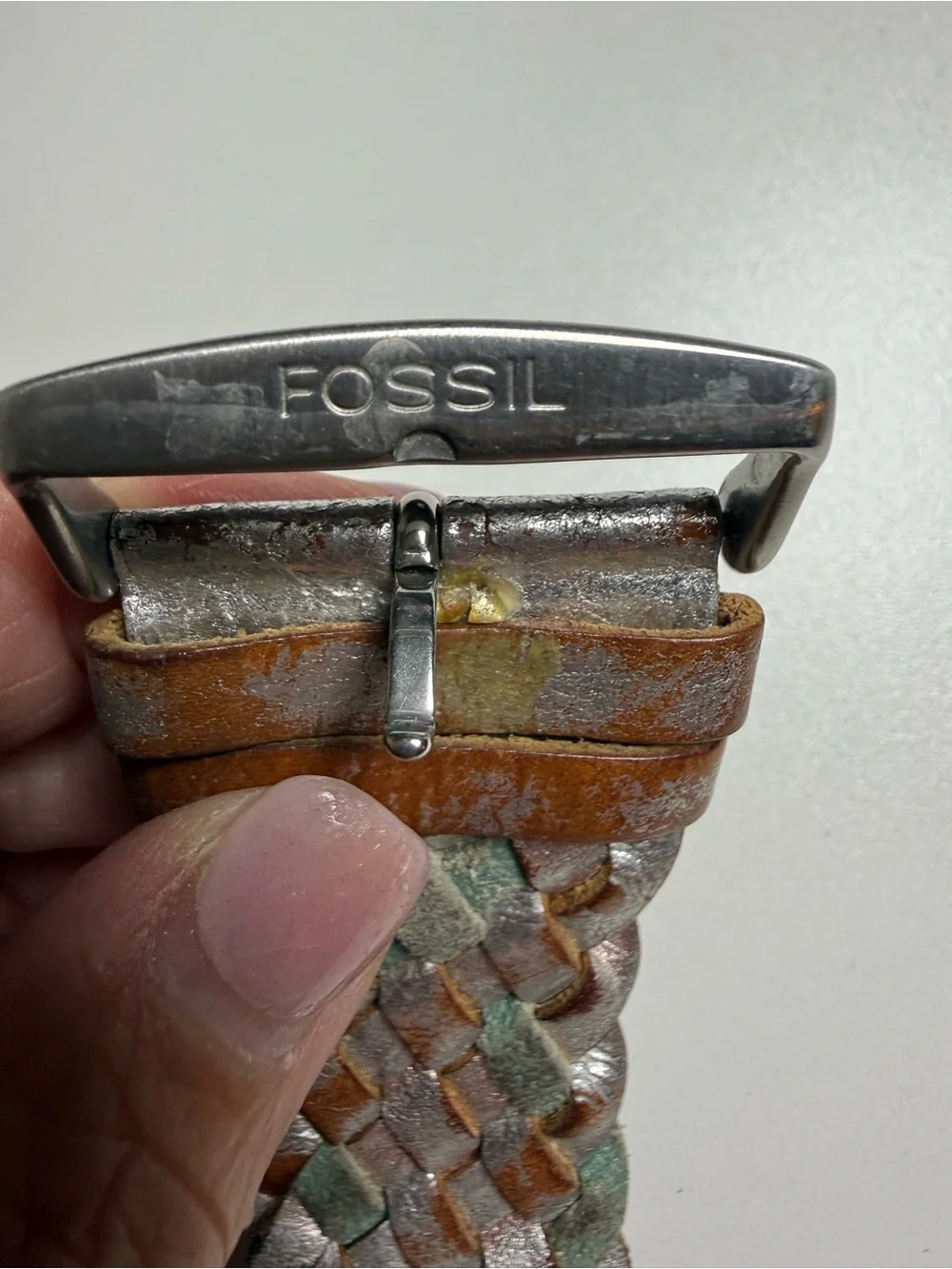 Fossil Vintage Braided Leather Cuff Watch Silver Wide Band‎ Date AS IS
